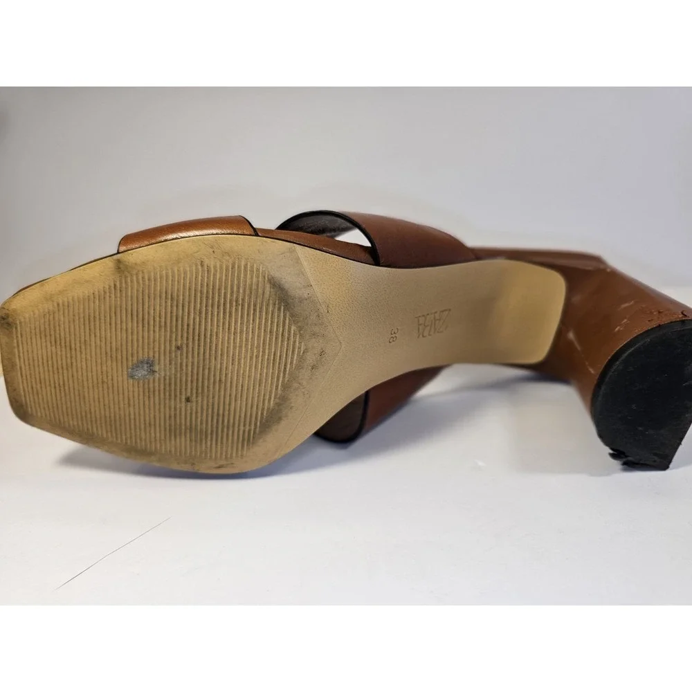 Zara Women's Brown Leather Slide On 2 Heel Sandals Size 7.5 EUR 38 - Picture 9 of 9